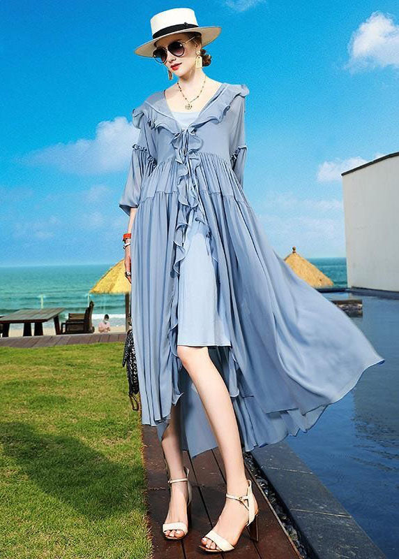 Fashion Blue Ruffled Asymmetrical Patchwork Silk Vacation Dresses Summer LC0242 - fabuloryshop