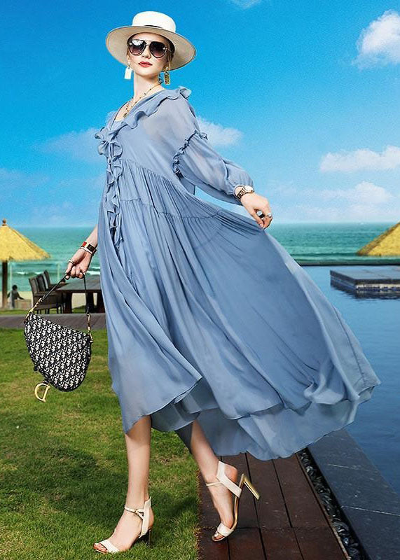 Fashion Blue Ruffled Asymmetrical Patchwork Silk Vacation Dresses Summer LC0242 - fabuloryshop