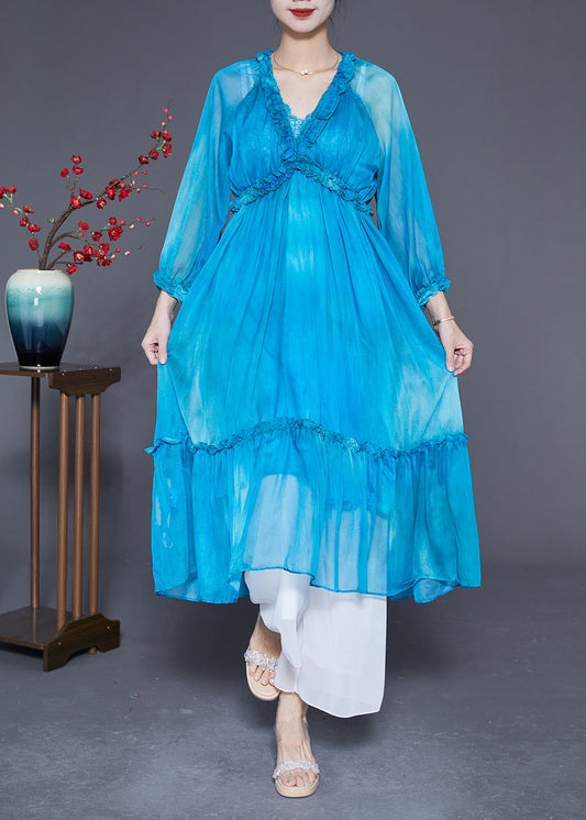 Fashion Blue Ruffled Exra Large Hem Silk Vacation Dresses Summer LY2896 - fabuloryshop