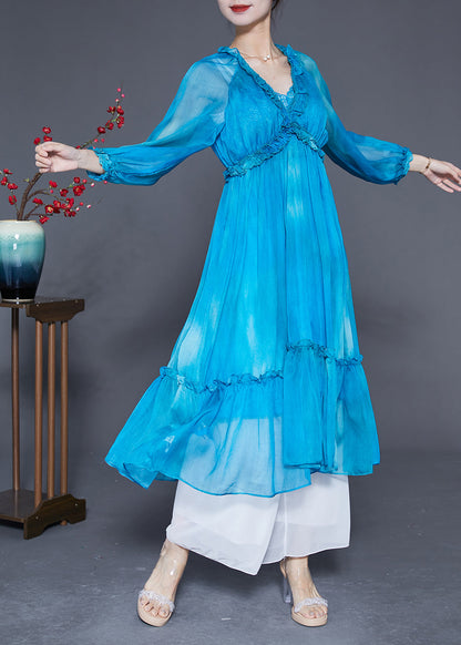 Fashion Blue Ruffled Exra Large Hem Silk Vacation Dresses Summer LY2896 - fabuloryshop