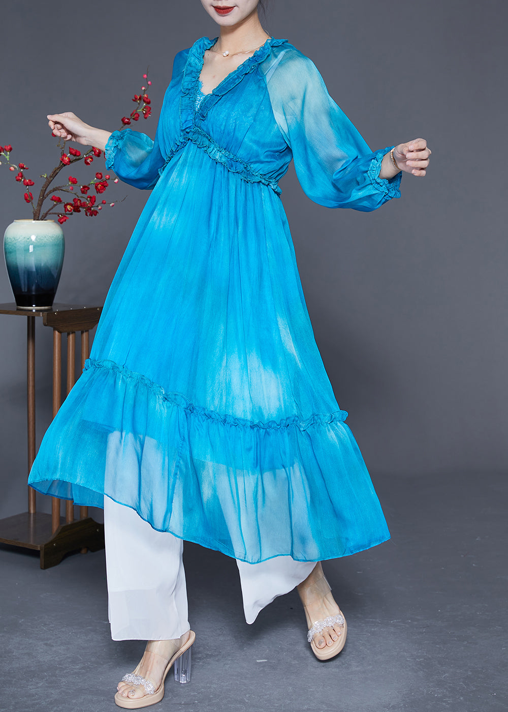 Fashion Blue Ruffled Exra Large Hem Silk Vacation Dresses Summer LY2896 - fabuloryshop