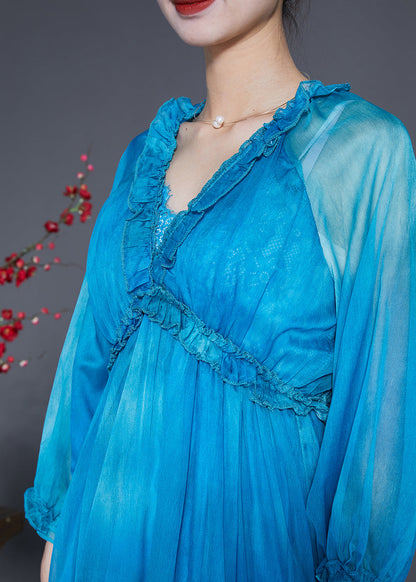 Fashion Blue Ruffled Exra Large Hem Silk Vacation Dresses Summer LY2896 - fabuloryshop