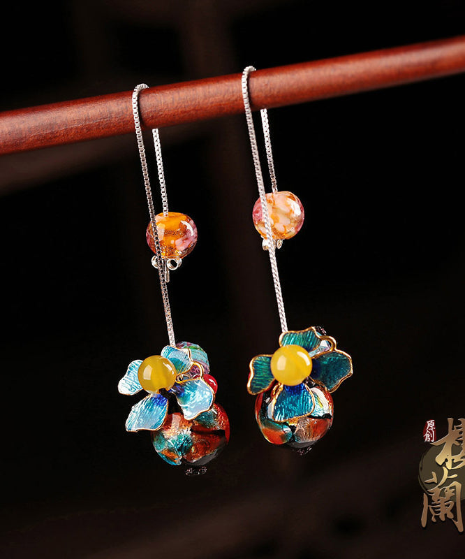 Fashion Blue Sterlin Silver Cloisonne Coloured Glaze Yellow Agate Drop Earrings LY2256 - fabuloryshop