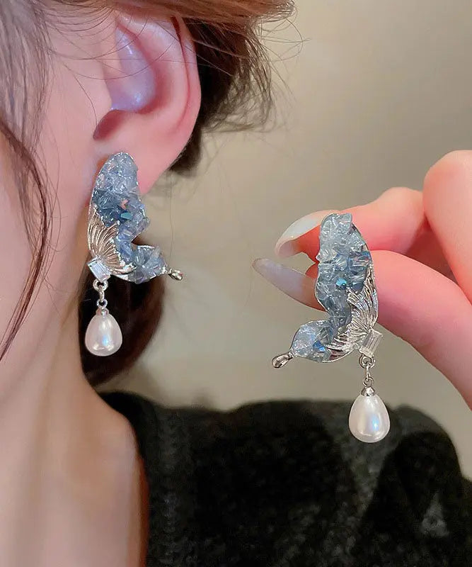 Fashion Blue Sterling Silver Zircon Pearl Crystal Butterfly Water Droplet Drop Earrings Ada Fashion