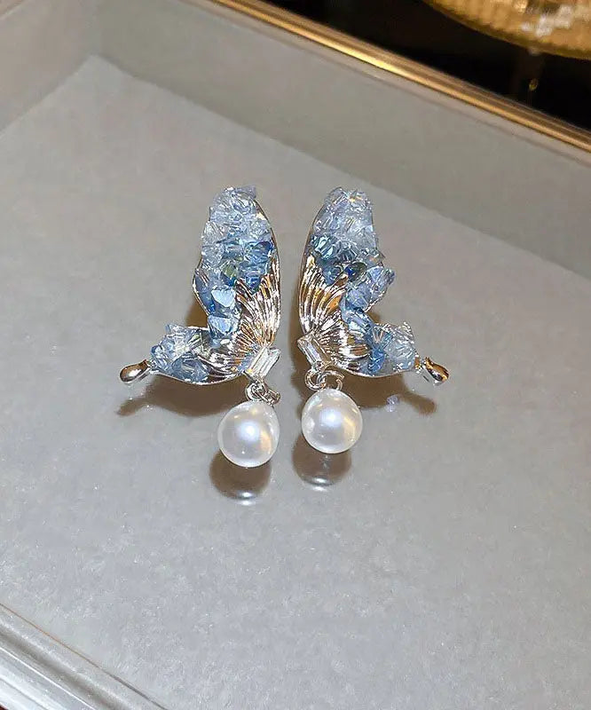 Fashion Blue Sterling Silver Zircon Pearl Crystal Butterfly Water Droplet Drop Earrings Ada Fashion