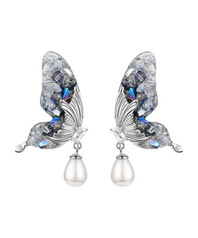 Fashion Blue Sterling Silver Zircon Pearl Crystal Butterfly Water Droplet Drop Earrings Ada Fashion