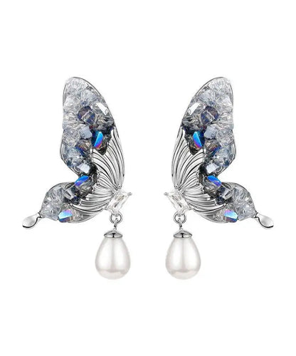 Fashion Blue Sterling Silver Zircon Pearl Crystal Butterfly Water Droplet Drop Earrings Ada Fashion