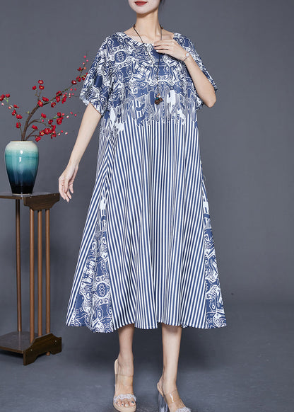 Fashion Blue Striped Patchwork Exra Large Hem Silk Robe Dresses Summer Ada Fashion