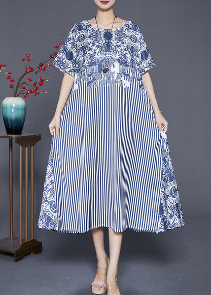 Fashion Blue Striped Patchwork Exra Large Hem Silk Robe Dresses Summer Ada Fashion