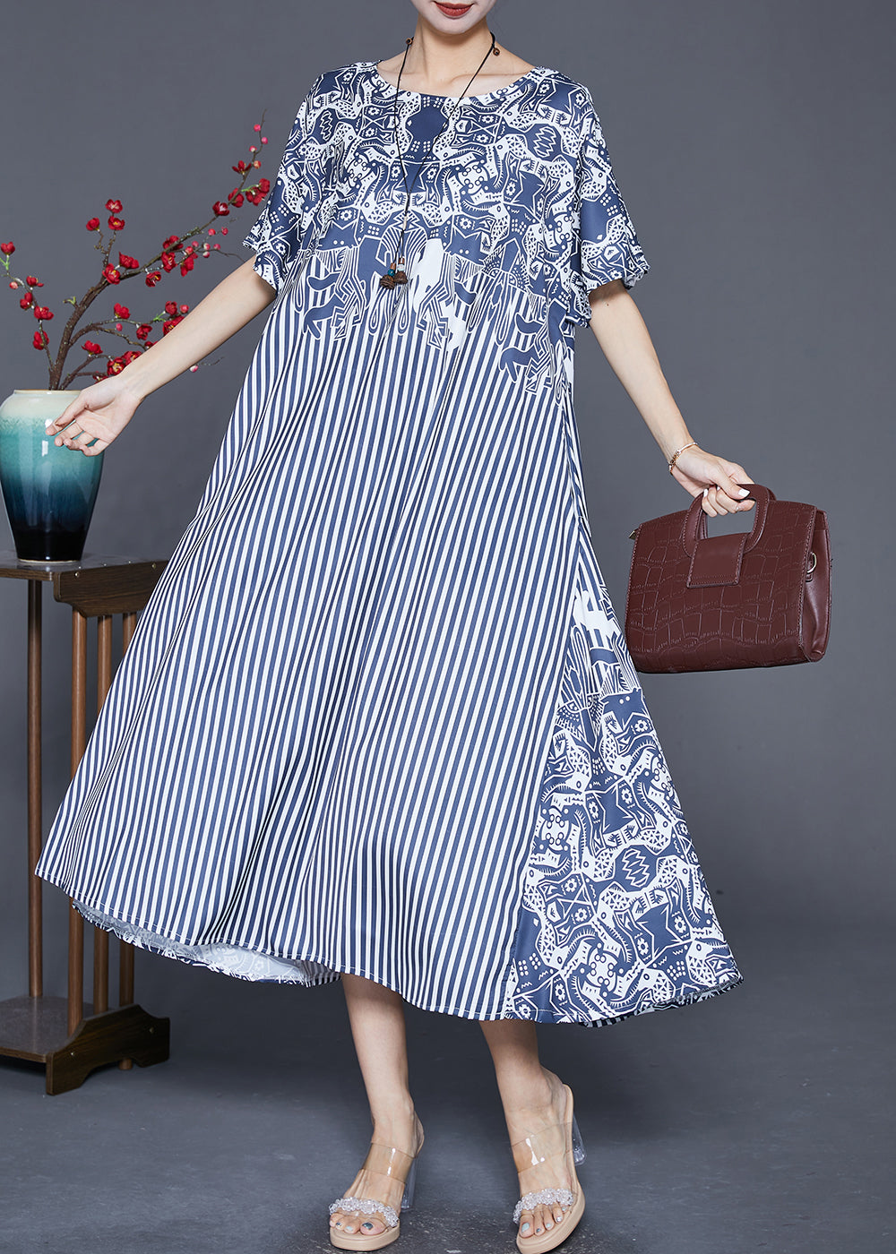 Fashion Blue Striped Patchwork Exra Large Hem Silk Robe Dresses Summer Ada Fashion