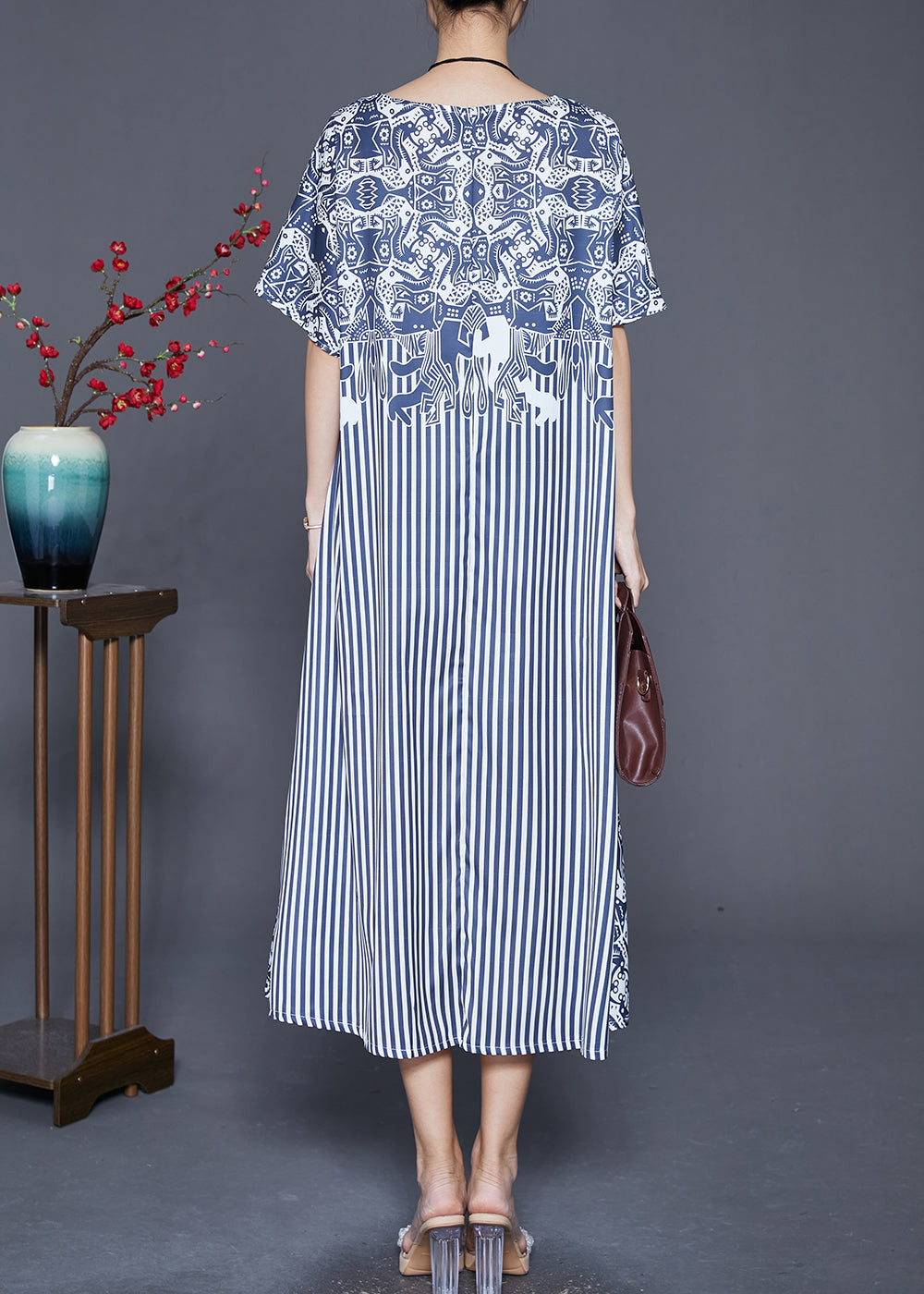 Fashion Blue Striped Patchwork Exra Large Hem Silk Robe Dresses Summer Ada Fashion