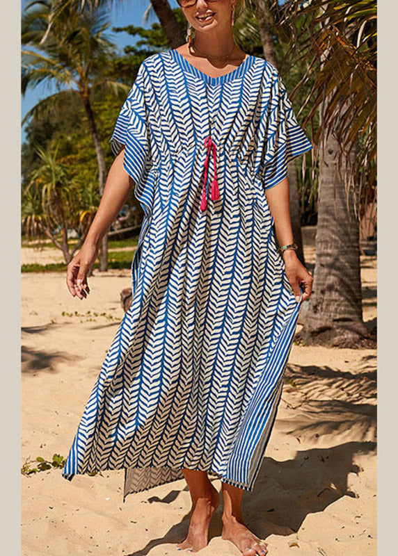 Fashion Blue Striped Print Drawstring Long Holiday Dress Summer LY3014 - fabuloryshop