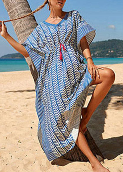 Fashion Blue Striped Print Drawstring Long Holiday Dress Summer LY3014 - fabuloryshop