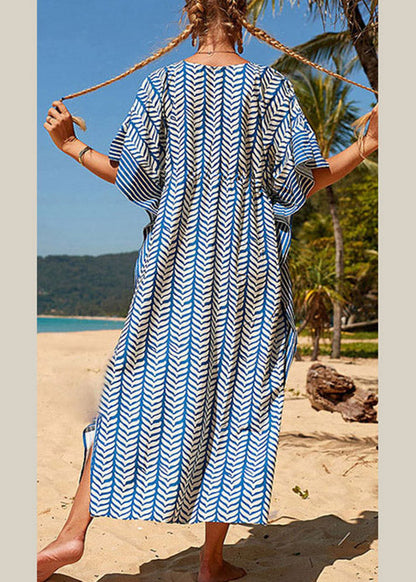 Fashion Blue Striped Print Drawstring Long Holiday Dress Summer LY3014 - fabuloryshop