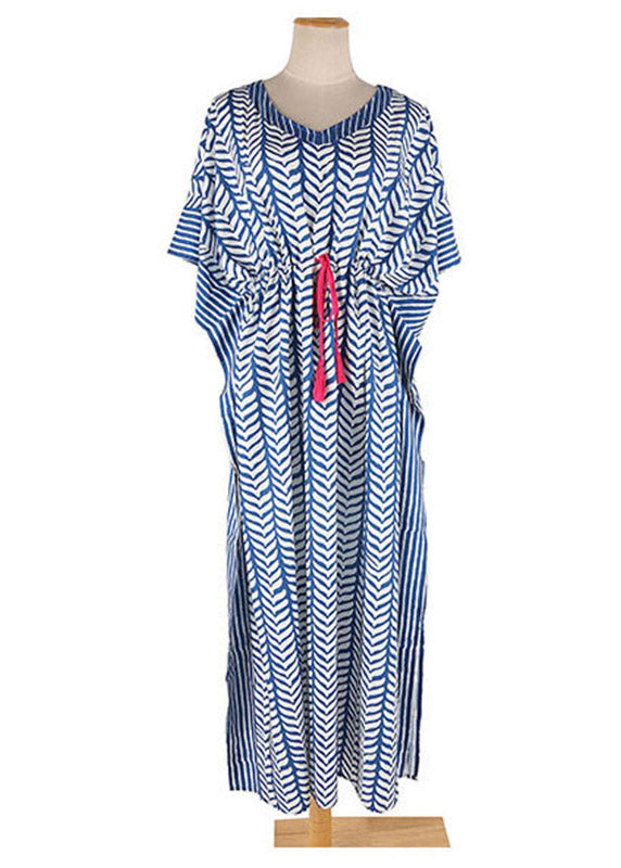 Fashion Blue Striped Print Drawstring Long Holiday Dress Summer LY3014 - fabuloryshop