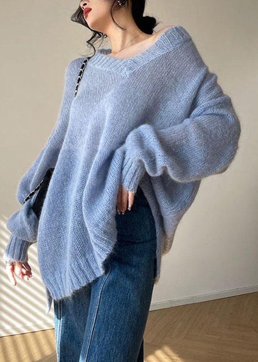 Fashion Blue V Neck Hollow Out Cozy Knit Sweater Tops Spring LC0491