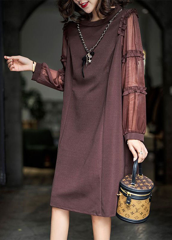 Fashion Brown Ruffled Patchwork Cotton Long Dress Spring LY3868 - fabuloryshop