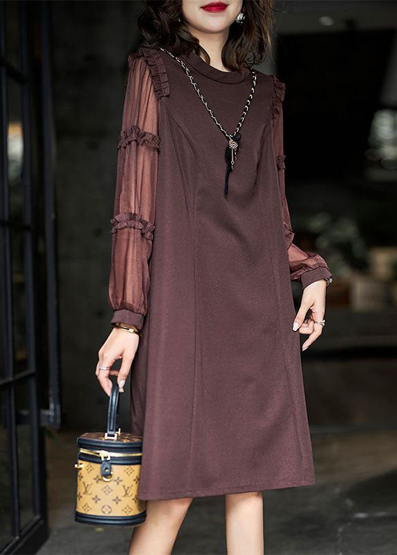 Fashion Brown Ruffled Patchwork Cotton Long Dress Spring LY3868 - fabuloryshop