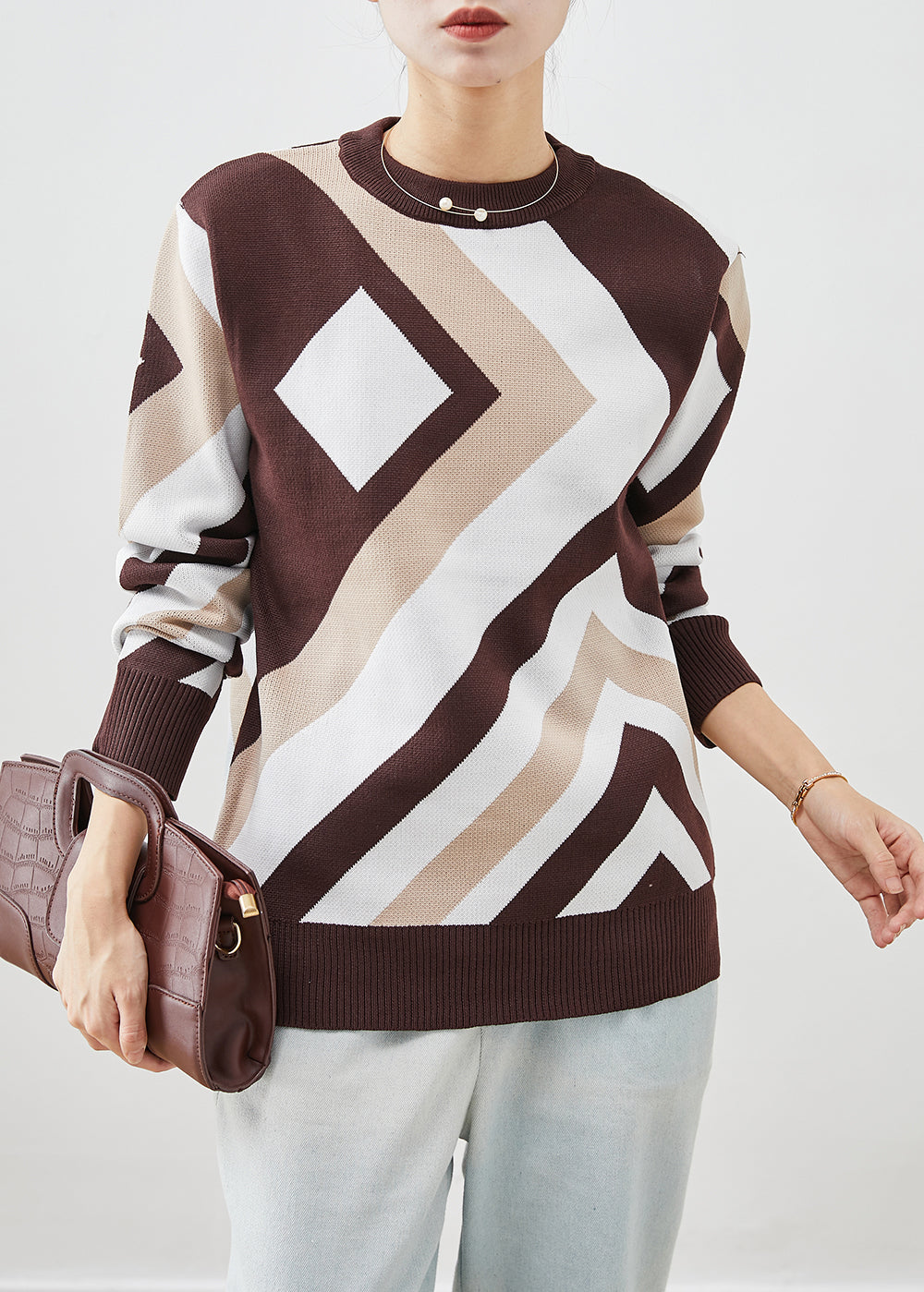 Fashion Chocolate Print Thick Knit Short Sweater Winter Ada Fashion