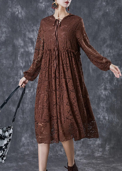 Fashion Chocolate Ruffled Hollow Out Lace Long Dresses Fall Ada Fashion