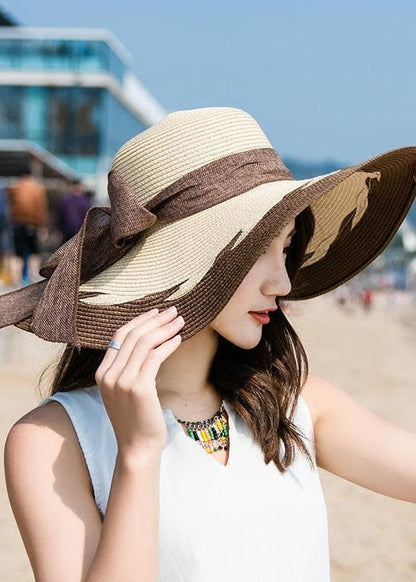 Fashion Coffee Bow Patchwork Straw Woven Beach Floppy Sun Hat LC0555 - fabuloryshop