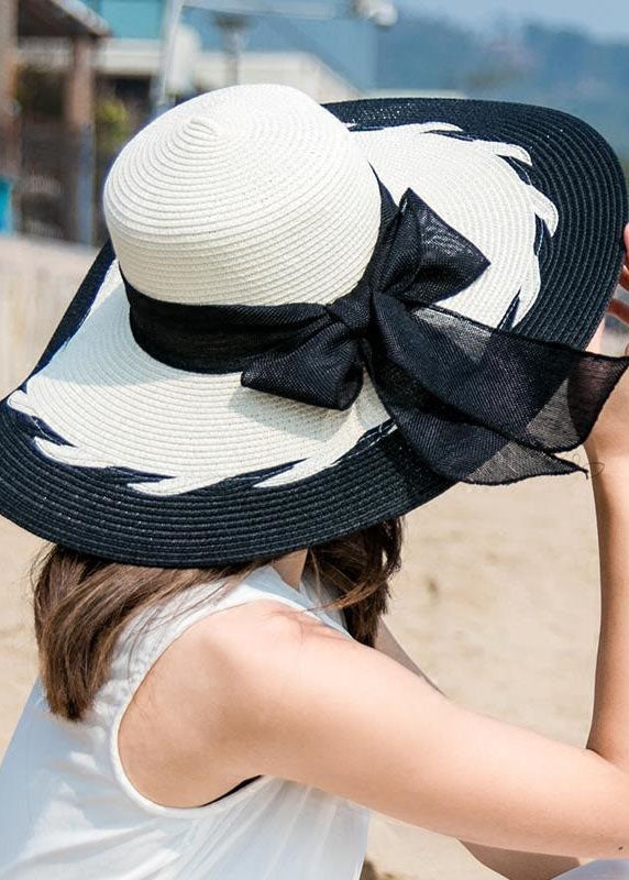 Fashion Coffee Bow Patchwork Straw Woven Beach Floppy Sun Hat LC0555 - fabuloryshop