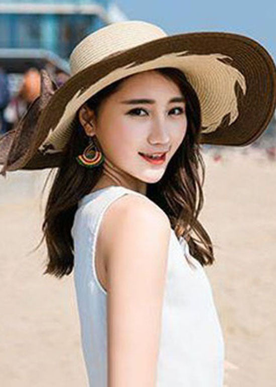 Fashion Coffee Bow Patchwork Straw Woven Beach Floppy Sun Hat LC0555 - fabuloryshop