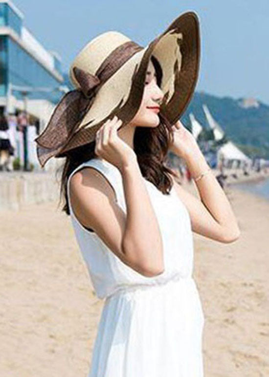 Fashion Coffee Bow Patchwork Straw Woven Beach Floppy Sun Hat LC0555 - fabuloryshop