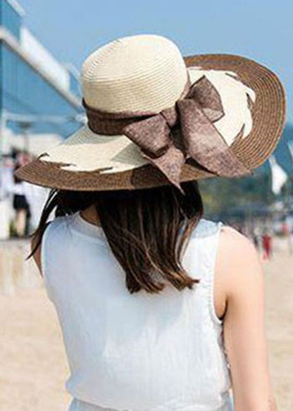 Fashion Coffee Bow Patchwork Straw Woven Beach Floppy Sun Hat LC0555 - fabuloryshop