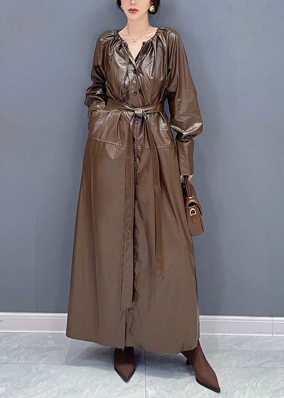 Fashion Coffee Drawstring Tie Waist Faux Leather Long Trench Coat Fall Ada Fashion