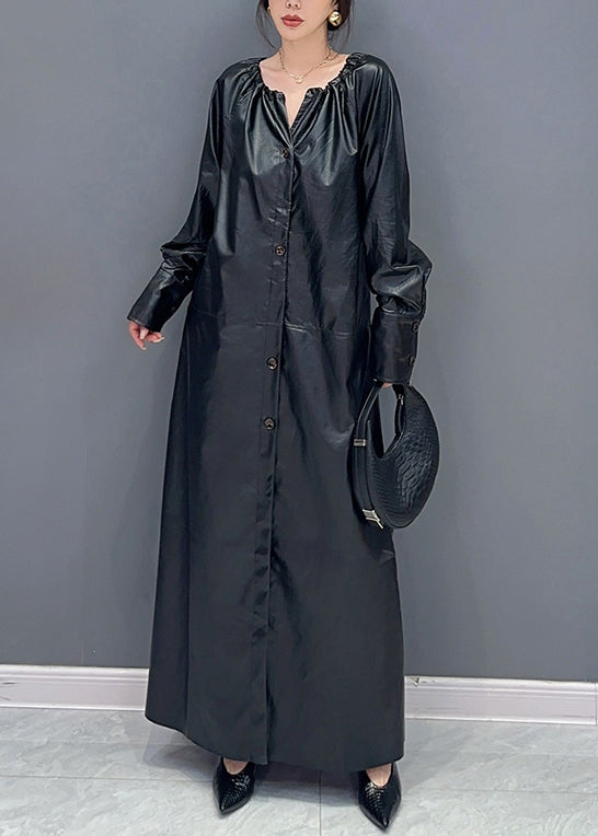 Fashion Coffee Drawstring Tie Waist Faux Leather Long Trench Coat Fall Ada Fashion