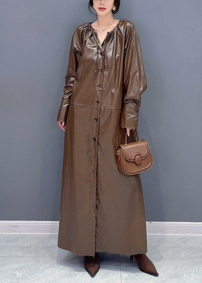 Fashion Coffee Drawstring Tie Waist Faux Leather Long Trench Coat Fall Ada Fashion