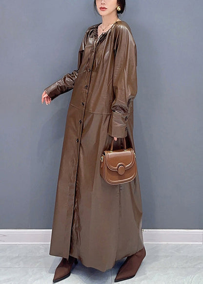 Fashion Coffee Drawstring Tie Waist Faux Leather Long Trench Coat Fall Ada Fashion