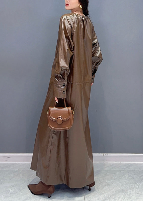 Fashion Coffee Drawstring Tie Waist Faux Leather Long Trench Coat Fall Ada Fashion