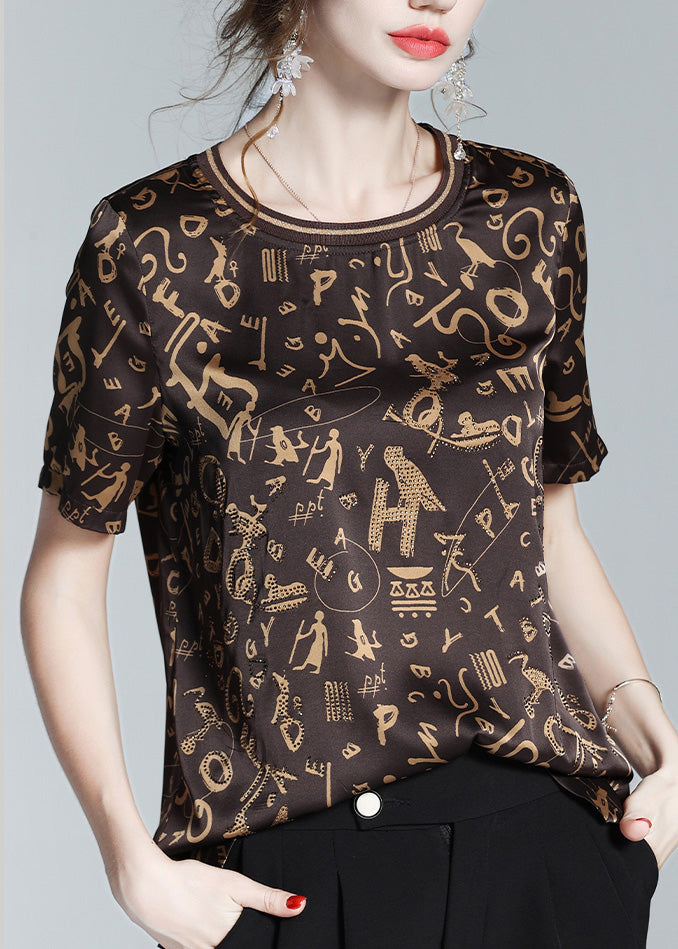 Fashion Coffee O-Neck Print Chiffon Tops Short Sleeve LY1046 - fabuloryshop