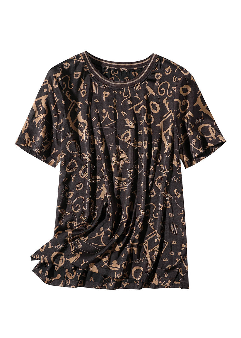 Fashion Coffee O-Neck Print Chiffon Tops Short Sleeve LY1046 - fabuloryshop