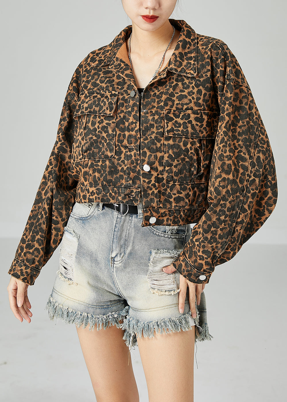 Fashion Coffee Peter Pan Collar Leopard Print Pockets Cotton Coats Spring LY2441 - fabuloryshop