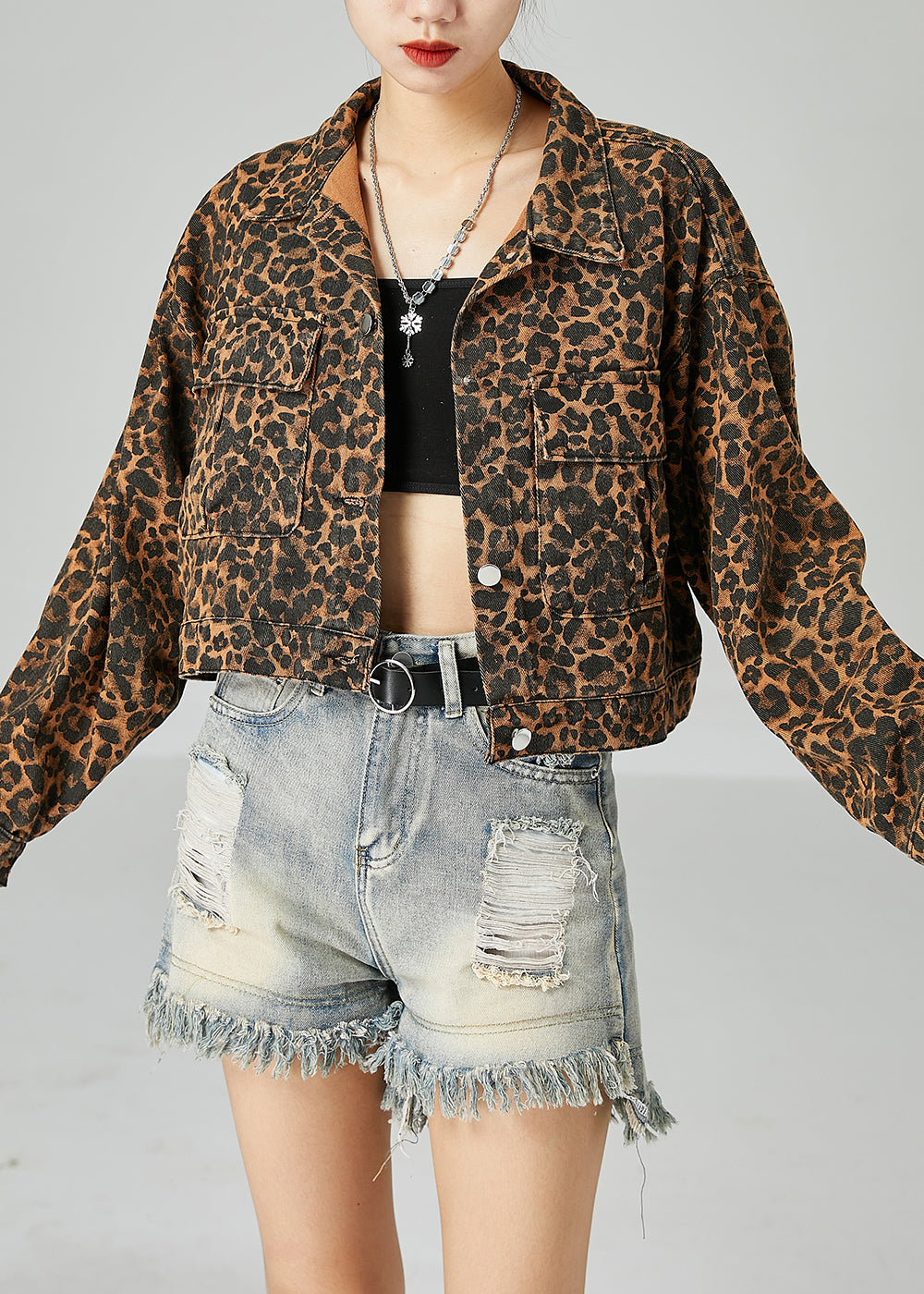 Fashion Coffee Peter Pan Collar Leopard Print Pockets Cotton Coats Spring LY2441 - fabuloryshop