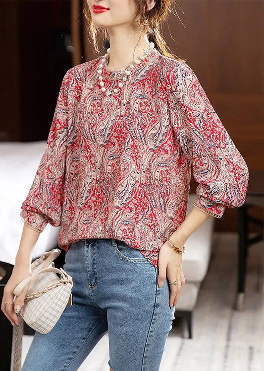 Fashion Colorblock O Neck Print Patchwork Chiffon Top Fall Ada Fashion