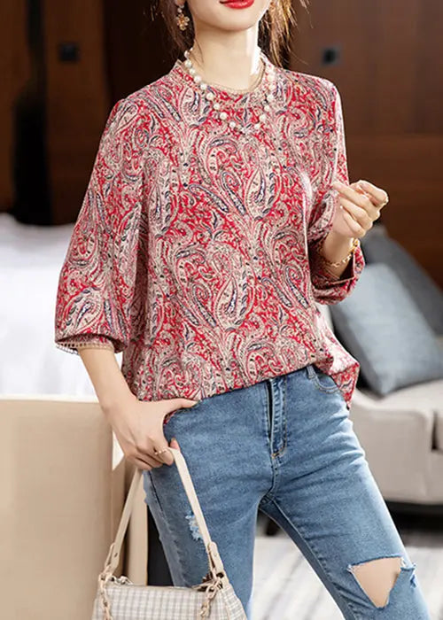 Fashion Colorblock O Neck Print Patchwork Chiffon Top Fall Ada Fashion