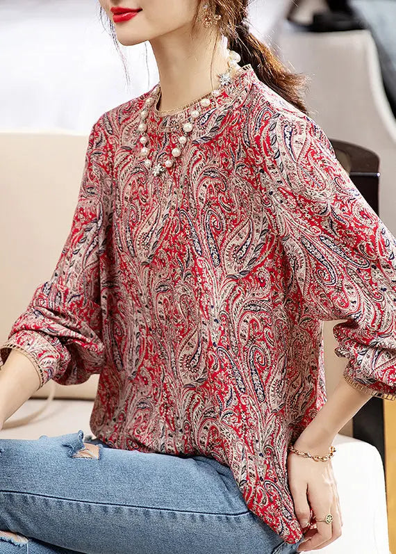 Fashion Colorblock O Neck Print Patchwork Chiffon Top Fall Ada Fashion