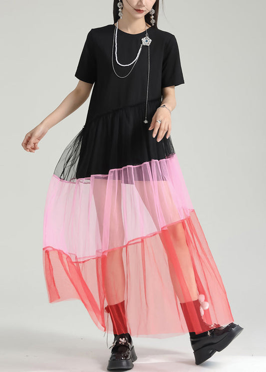 Fashion Colorblock O Neck Wrinkled Patchwork Tulle Dresses Summer Ada Fashion