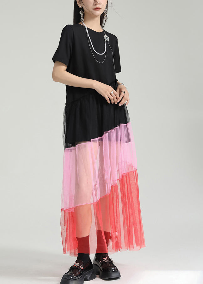 Fashion Colorblock O Neck Wrinkled Patchwork Tulle Dresses Summer Ada Fashion