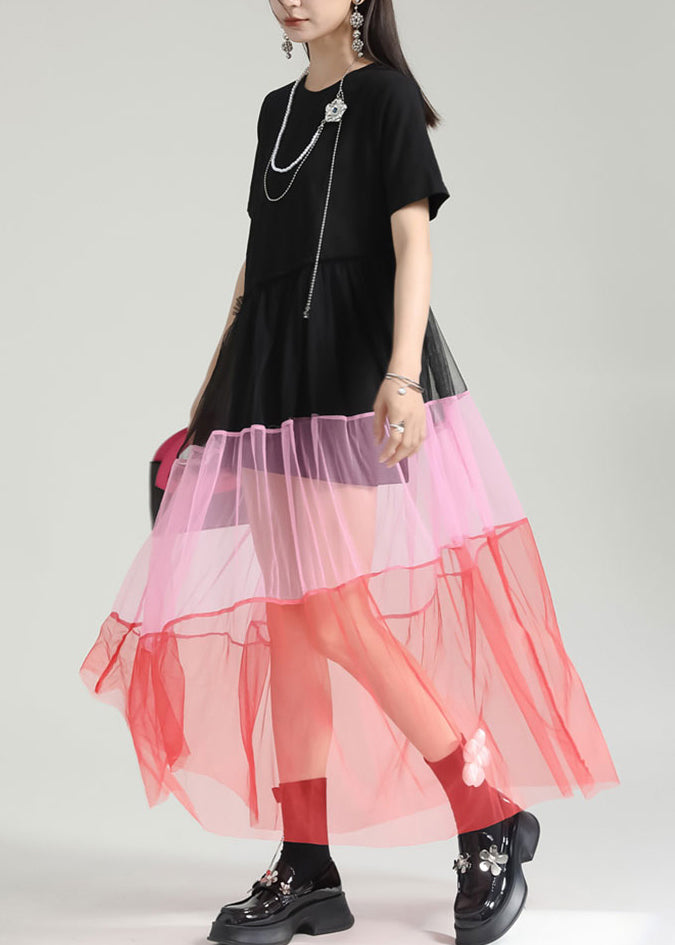 Fashion Colorblock O Neck Wrinkled Patchwork Tulle Dresses Summer Ada Fashion