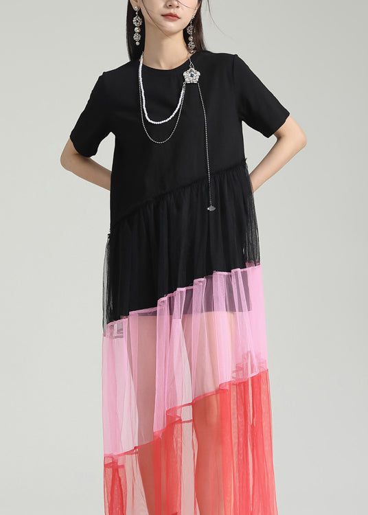 Fashion Colorblock O Neck Wrinkled Patchwork Tulle Dresses Summer Ada Fashion