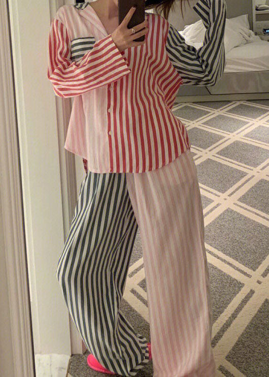 Fashion Colorblock Striped Patchwork Cotton Pajamas Two Piece Set Spring LY2829 - fabuloryshop