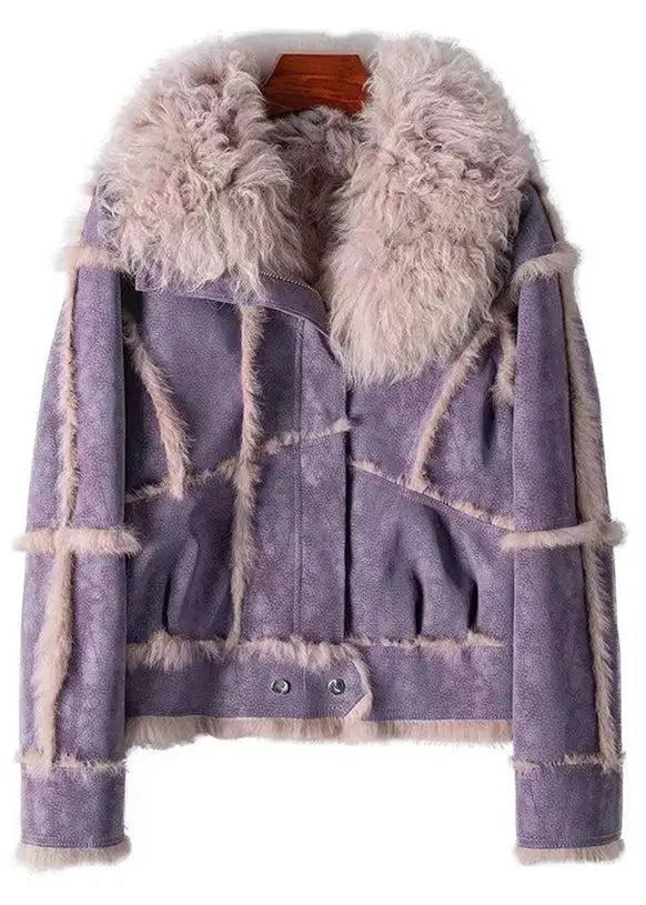 Fashion Dark Grey Rabbit Hair Collar Zippered Patchwork Leather And Fur Coat Winter Ada Fashion