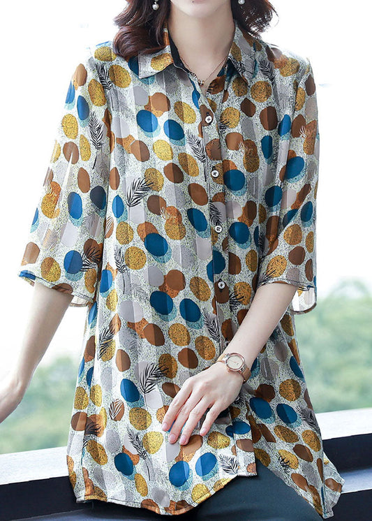 Fashion Dot Print Peter Pan Collar Button Silk Shirt Top Summer TF1058 - fabuloryshop