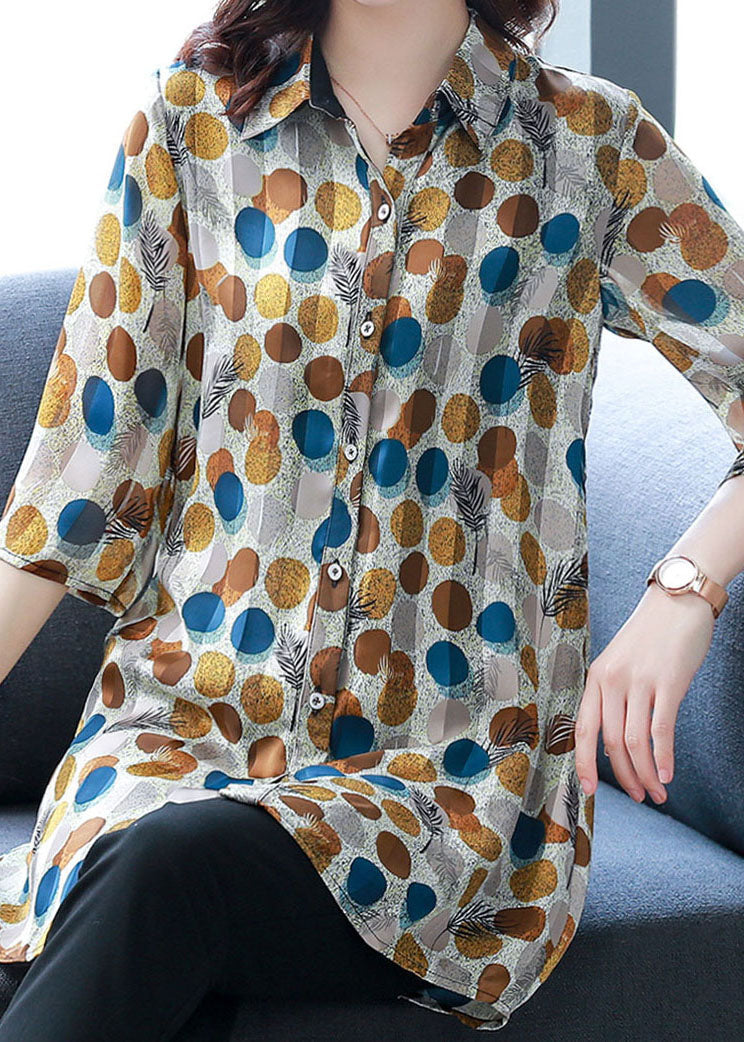 Fashion Dot Print Peter Pan Collar Button Silk Shirt Top Summer TF1058 - fabuloryshop