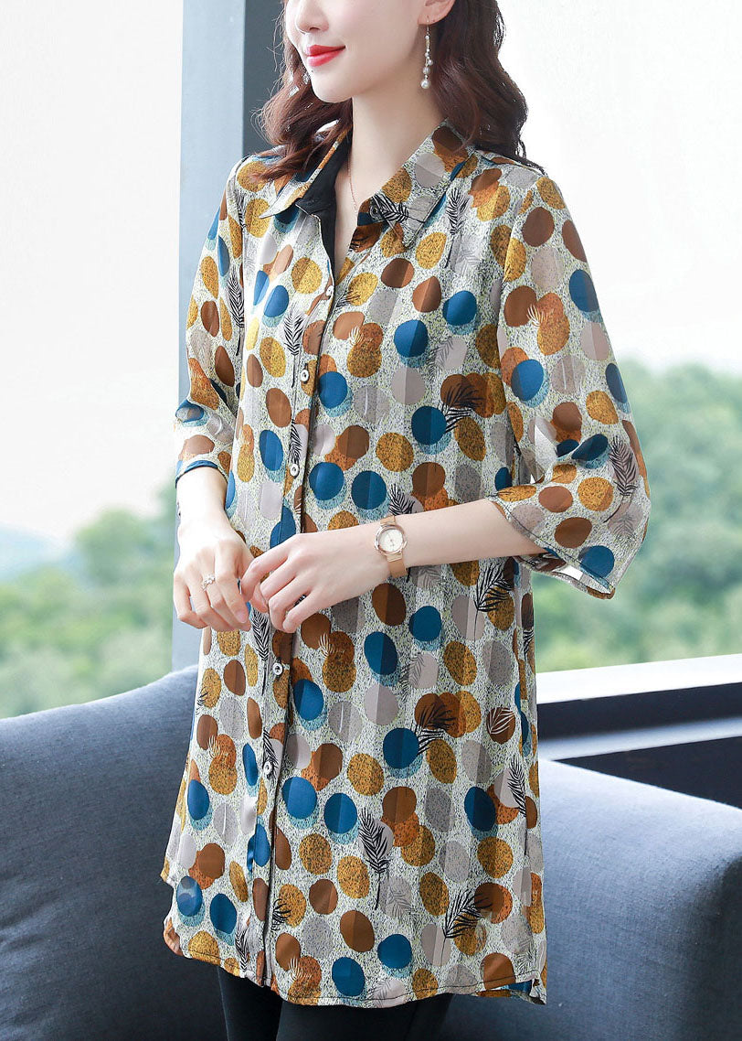 Fashion Dot Print Peter Pan Collar Button Silk Shirt Top Summer TF1058 - fabuloryshop